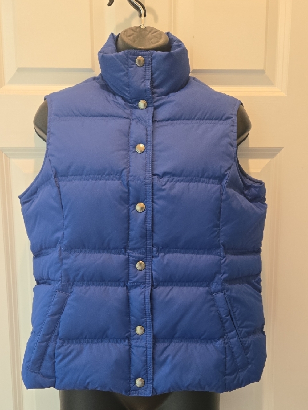 Lands' End Blue Down Puffer Vest Women's Small Petite Snap Front Blue Gold